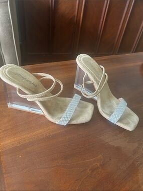 Jeffrey Campbell Beige Suede Mules with Clear Block Heel and Crystal Toe Strap